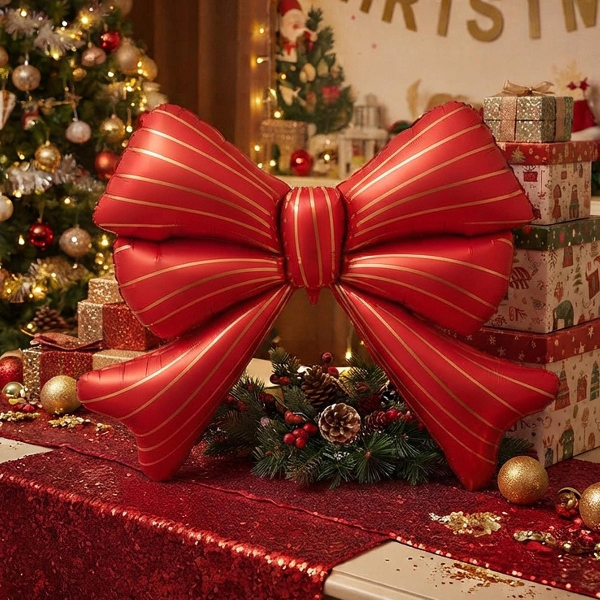 Large Red Foil Bow Balloon for Christmas Party and Festive Backdrop Decoration