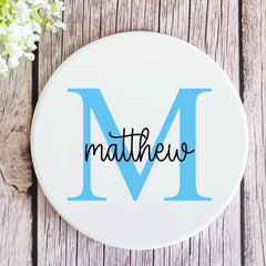 Personalised Elegant Blue Porcelain Coaster with Initial and Name – Unique Decorative Drinkware for Home or Thoughtful Gifts