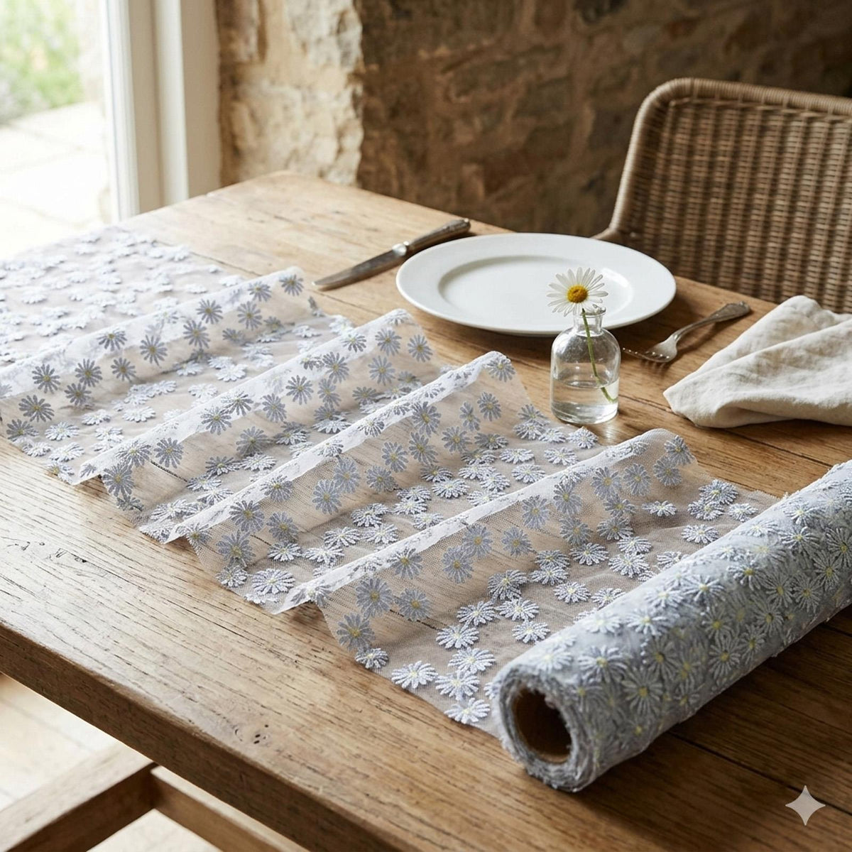 Blue and Gold Daisy Polyester Party Table Runner for Weddings and Birthdays 24 cm x 3 m
