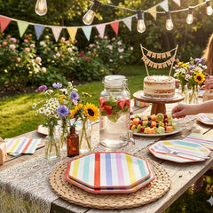 Striped Paper Party Plates Multicoloured Birthday Tableware 24.5 cm