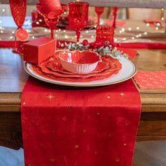 Red & Gold Velvet Star Christmas Table Runner for Festive Holiday Dining Decor