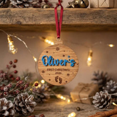 Personalised Baby's First Christmas Bauble, Oak Baby Feet Hanging Tree Ornament