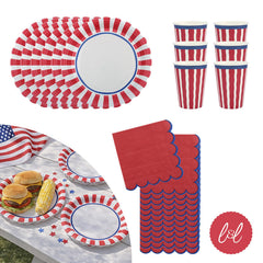 Red Striped Paper Plates, Cups and Napkins Tableware Set (Party Pack for 6)