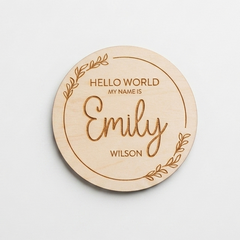 Personalised Wooden Welcome to the World Baby Name Announcement Disc Gift (10 cm)