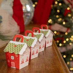 Christmas House Paper Favour Containers Red Green Festive Party Boxes Set of 8