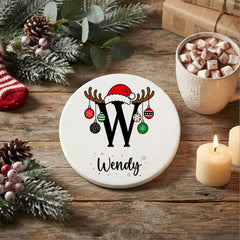 White Porcelain Personalised Christmas Initial Coaster with Name for Festive Table