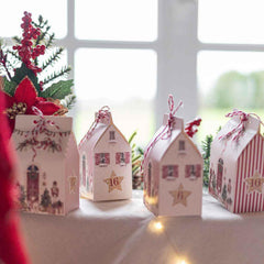 Christmas Advent Calendar with 24 Red Paper House Gift Boxes for Festive Countdown