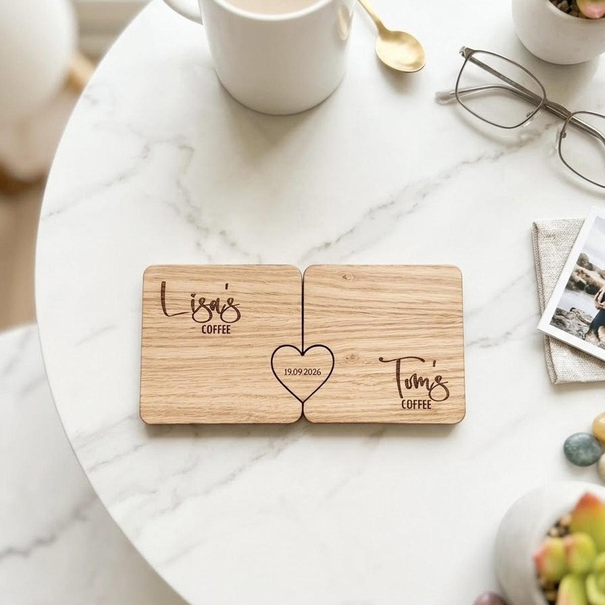 Personalised Couples Coaster with Heart Token, Names and Drink Wedding Keepsake Gift