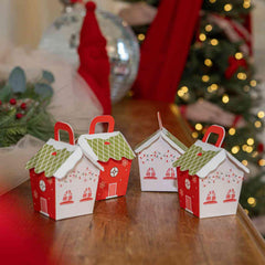 Christmas House Paper Favour Containers Red Green Festive Party Boxes Set of 8