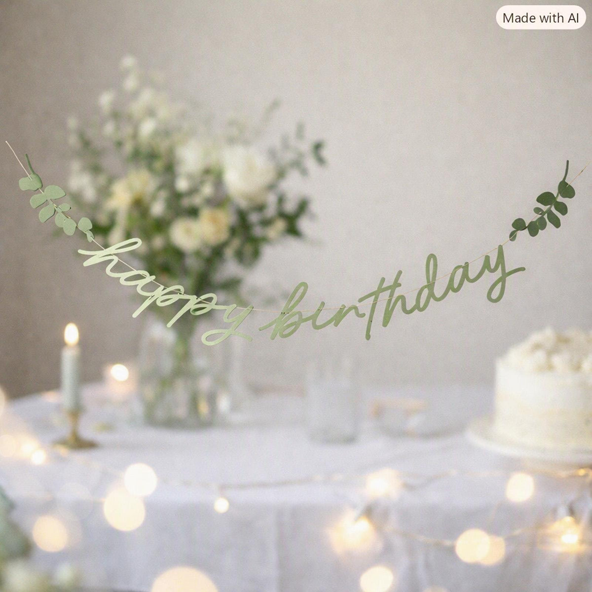Botanical Happy Birthday Banner in Green Paper for Modern Party Styling, 2 m
