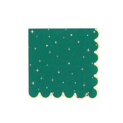 Green & Gold Christmas Napkins, Star Scalloped Festive Dining Tableware (Pack of 16)