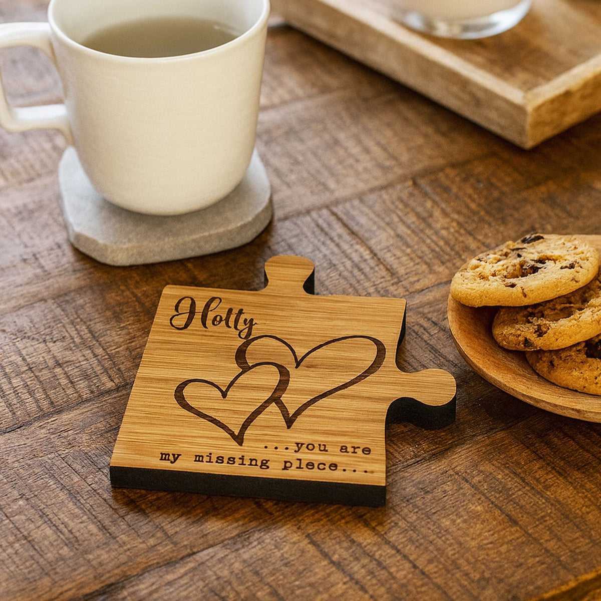 Personalised Couple Coaster Oak Veneer Jigsaw Design - Unique Gift For Weddings and 5th Anniversary