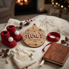 Personalised Baby's First Christmas Bauble, Oak Hanging Tree Decoration Keepsake