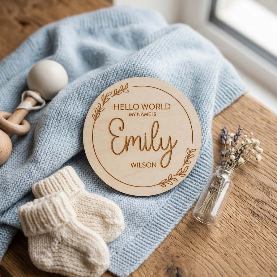 Personalised Wooden Welcome to the World Baby Name Announcement Disc Gift (10 cm)