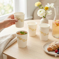 White Paper Cups with Gold Leaf Design for Weddings and Parties (Pack of 8, 7.5 cm)