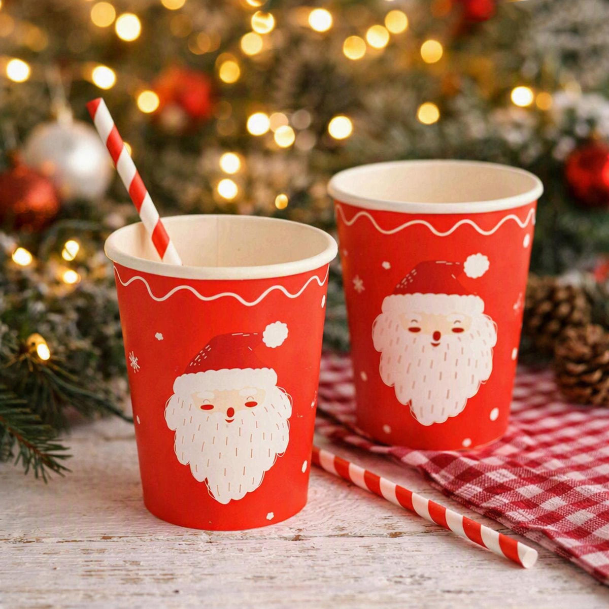 Santa Claus Christmas Paper Cups Red Cream Festive Party Tableware Set of 8
