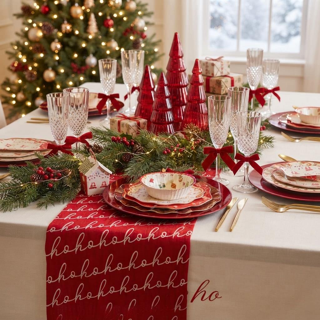Red Hohoho Christmas Polycotton Table Runner Festive Holiday Dining Table Decor 3m