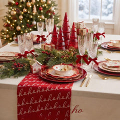 Red Hohoho Christmas Polycotton Table Runner Festive Holiday Dining Table Decor 3m
