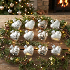 Set of 12 Gold Glass Heart Baubles for Christmas Tree and Festive Decorating