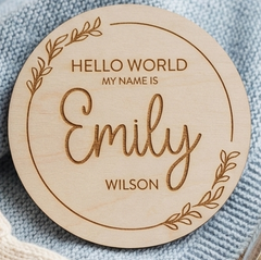 Personalised Wooden Welcome to the World Baby Name Announcement Disc Gift (10 cm)