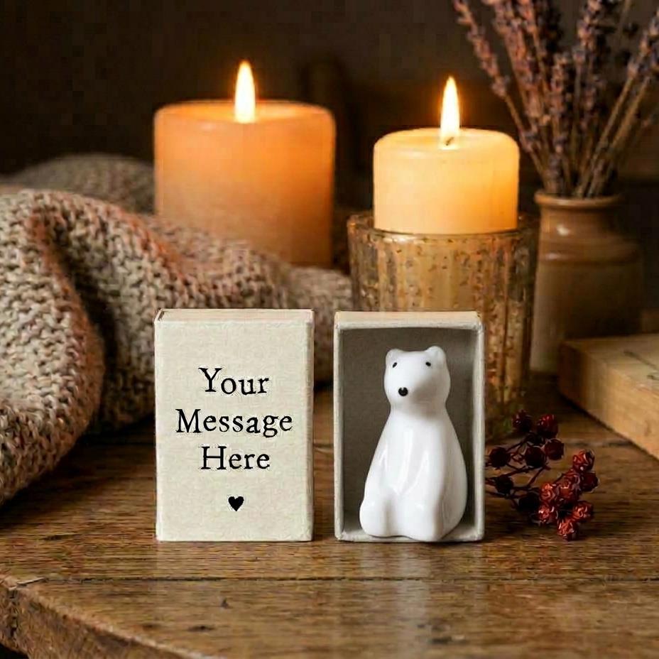 Personalised Bear Matchbox with Porcelain Ornament and Your Own Message Name Date
