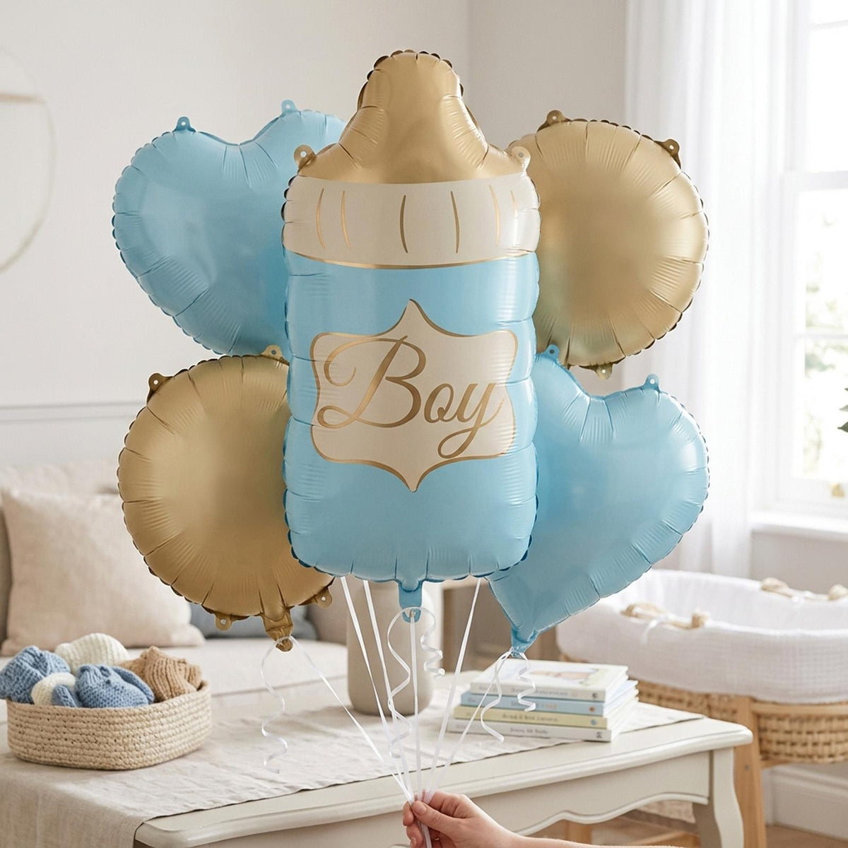 Baby Bottle Foil Balloon Set for Blue Gold Baby Showers 5 Pieces