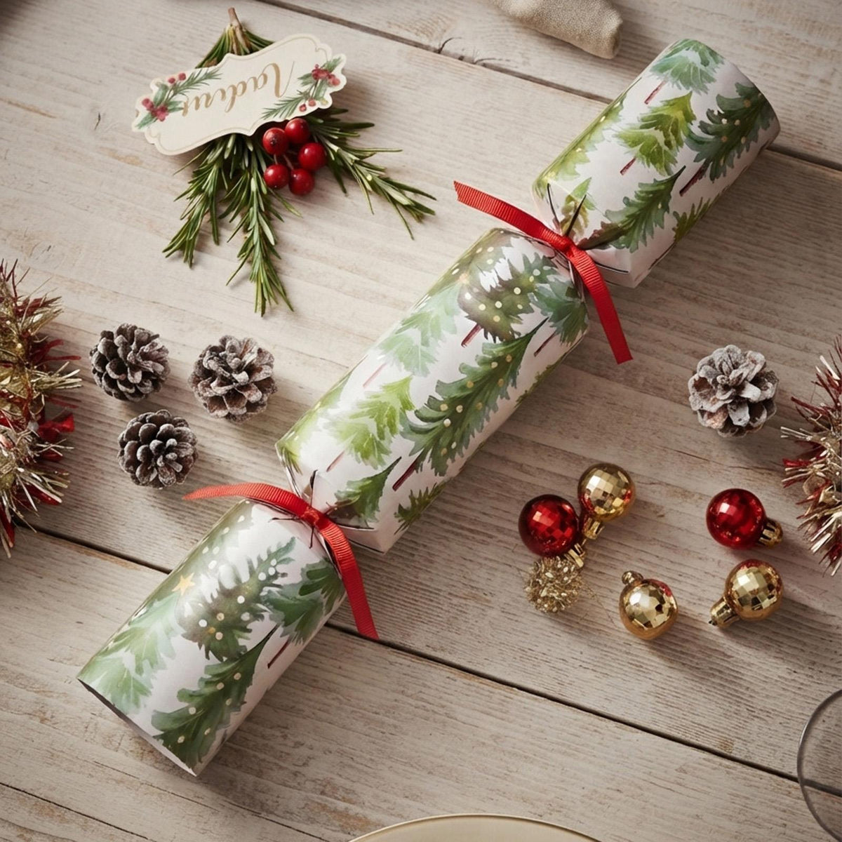 Snowy Forest Recyclable Christmas Crackers Green Red Festive Tableware Set of 12