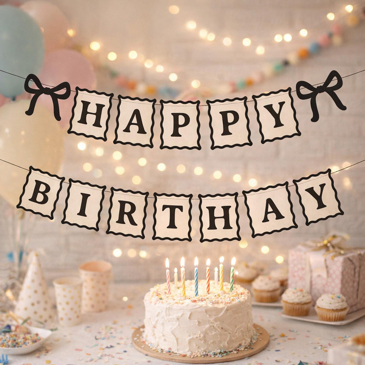 PartyDeco Birthday Banner with Bows Design 2 x 1m, Ivory