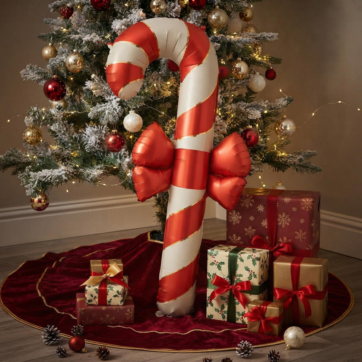 Candy Cane Foil Balloon with Bow Red Beige Playful Christmas Party Decoration