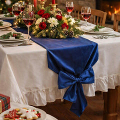 Navy Blue Velvet Christmas Table Runner with Knotted Ends for Festive Dining 35 × 240 cm