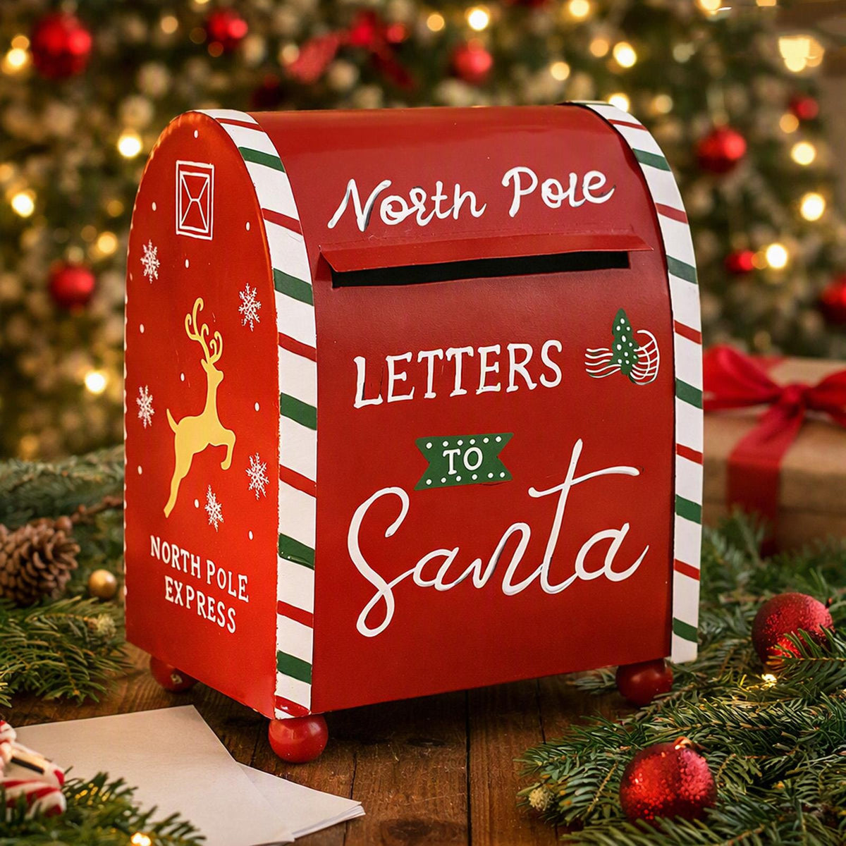 Festive Red Metal North Pole Letters To Santa Christmas Post Box Home Decoration