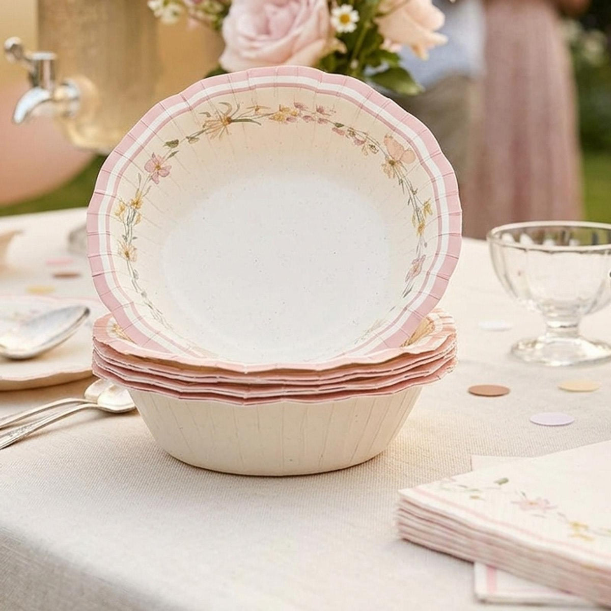 Pink Edge Flower Paper Party Bowls for Elegant Tables (Pack of 6, 13.5 cm)