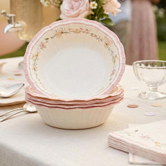 Pink Edge Flower Paper Party Bowls for Elegant Tables (Pack of 6, 13.5 cm)