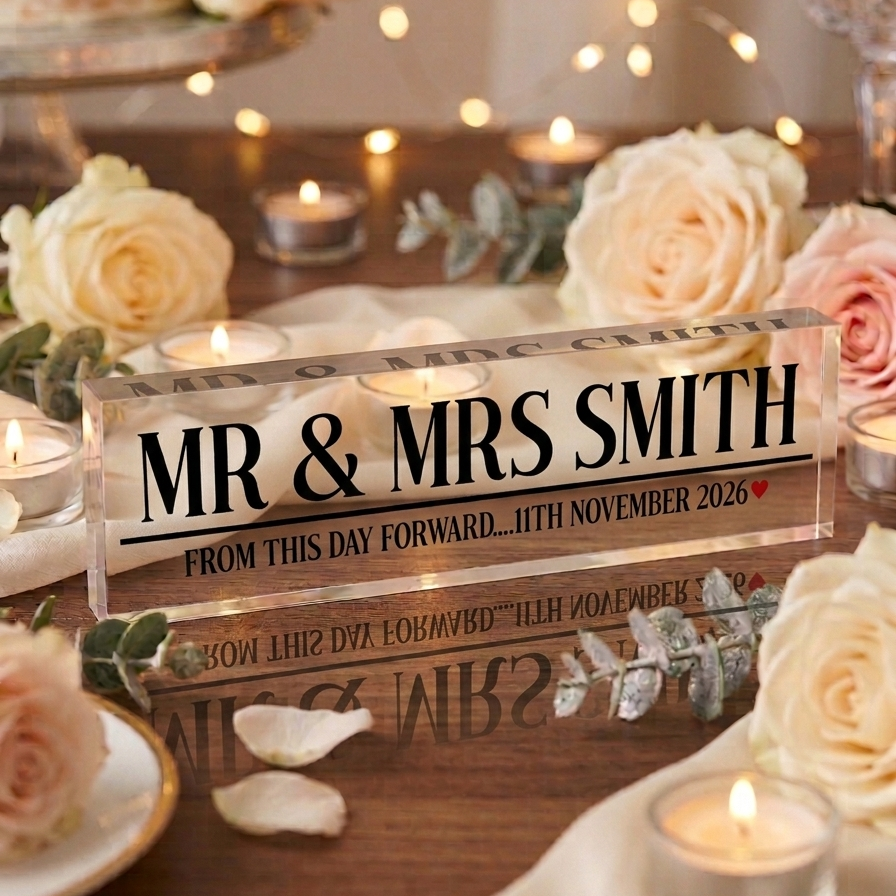 Personalised Mr & Mrs Acrylic Block – Modern Wedding Keepsake with Custom Name & Date