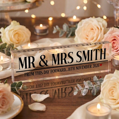 Personalised Mr & Mrs Acrylic Block – Modern Wedding Keepsake with Custom Name & Date