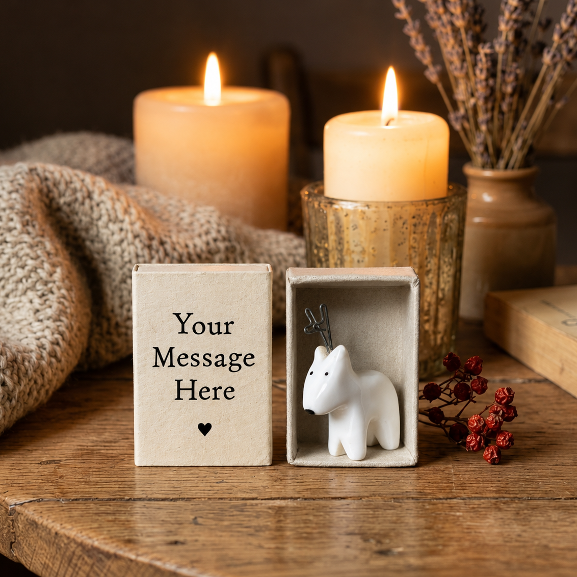 Personalised Christmas Deer Matchbox with Porcelain Ornament and Your Own Message