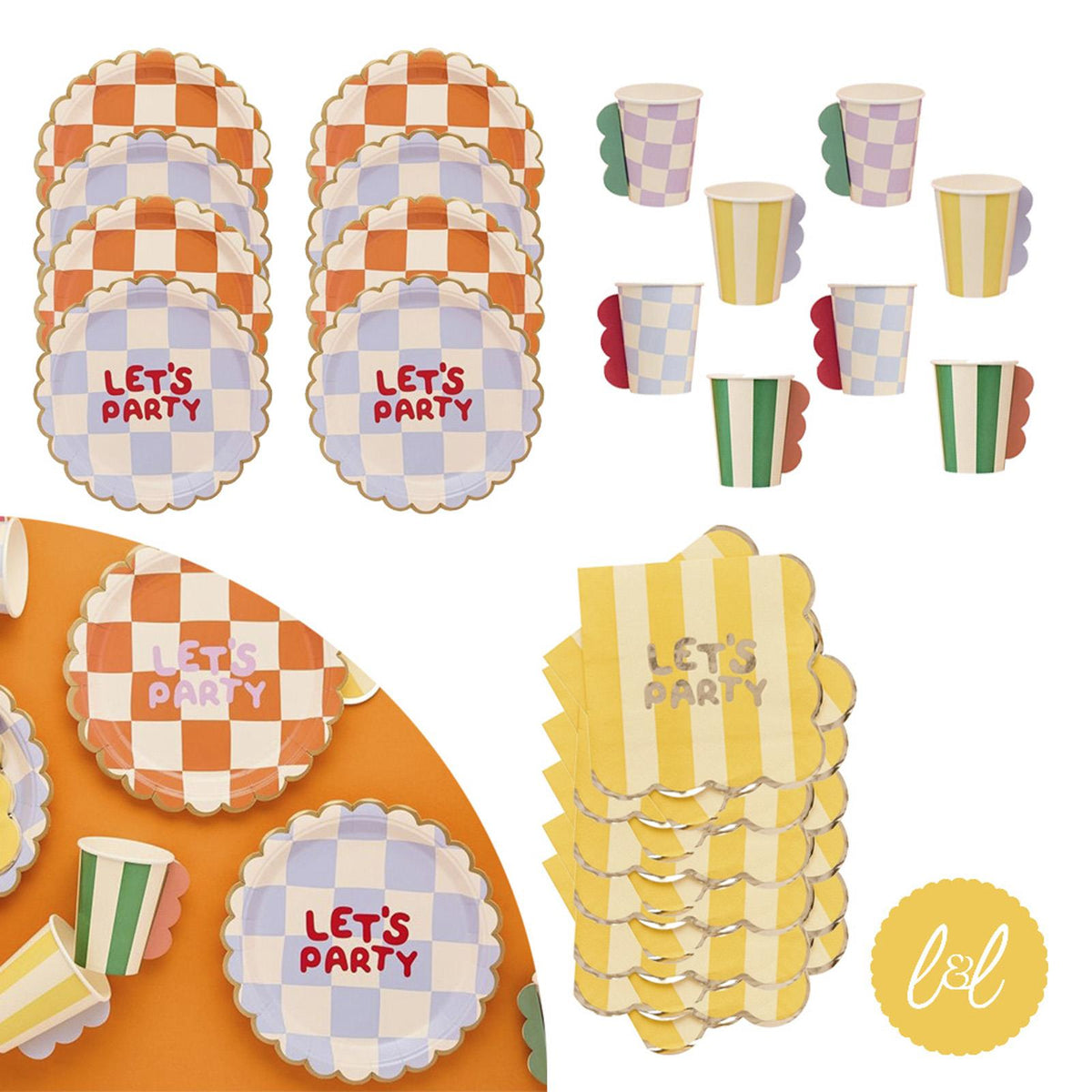 Bright Coloured Let's Party Plates, Napkins and Cups Tableware Set (Party Pack for 8)
