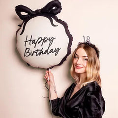 Happy Birthday Foil Balloon Round Cream Black Party Decoration 45cm
