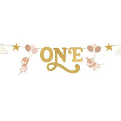 PartyDeco 1st Birthday Banner Mice Design Gold Pink 3m, Brown