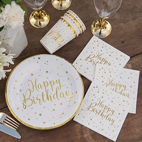 Gold Happy Birthday Party Tableware Plates Cups Napkins Modern Celebration Pack for 10