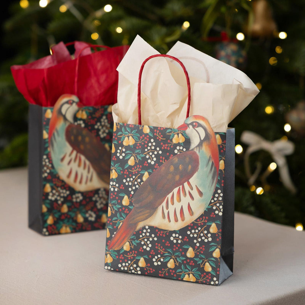 Partridge Pear Christmas Paper Gift Bags Blue Festive Gift Wrap Party Set of 8