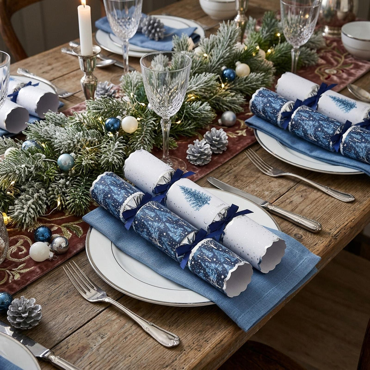 Deluxe Blue Tree Christmas Crackers Festive Party Tableware Decorations Set of 6