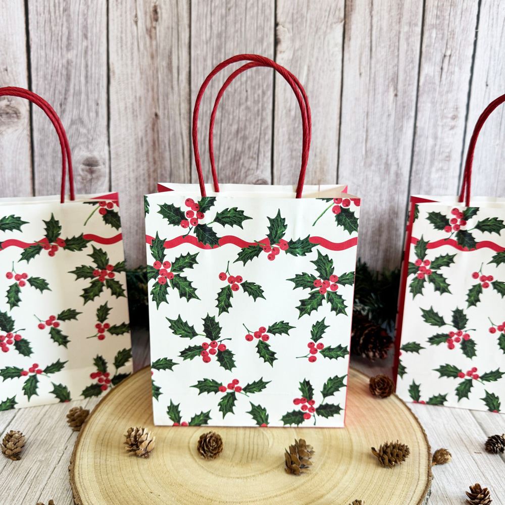 holly-white-christmas-paper-gift-bag-8-pack-party-bag|BC-HOLLY-GIFTBAG|Luck and Luck| 1