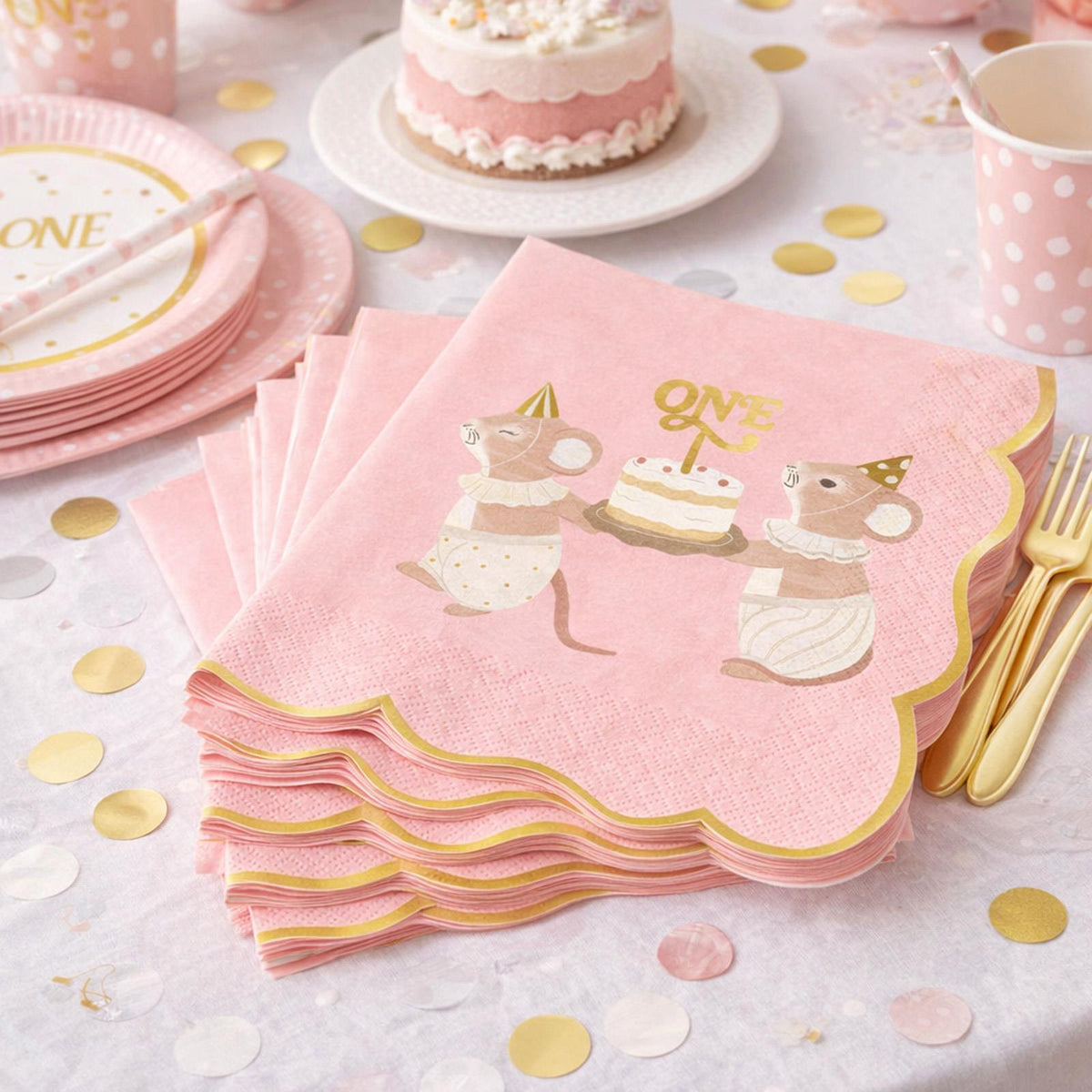 PartyDeco Pink 1st Birthday Party Mice Napkins 12 Pack, Pack of 12