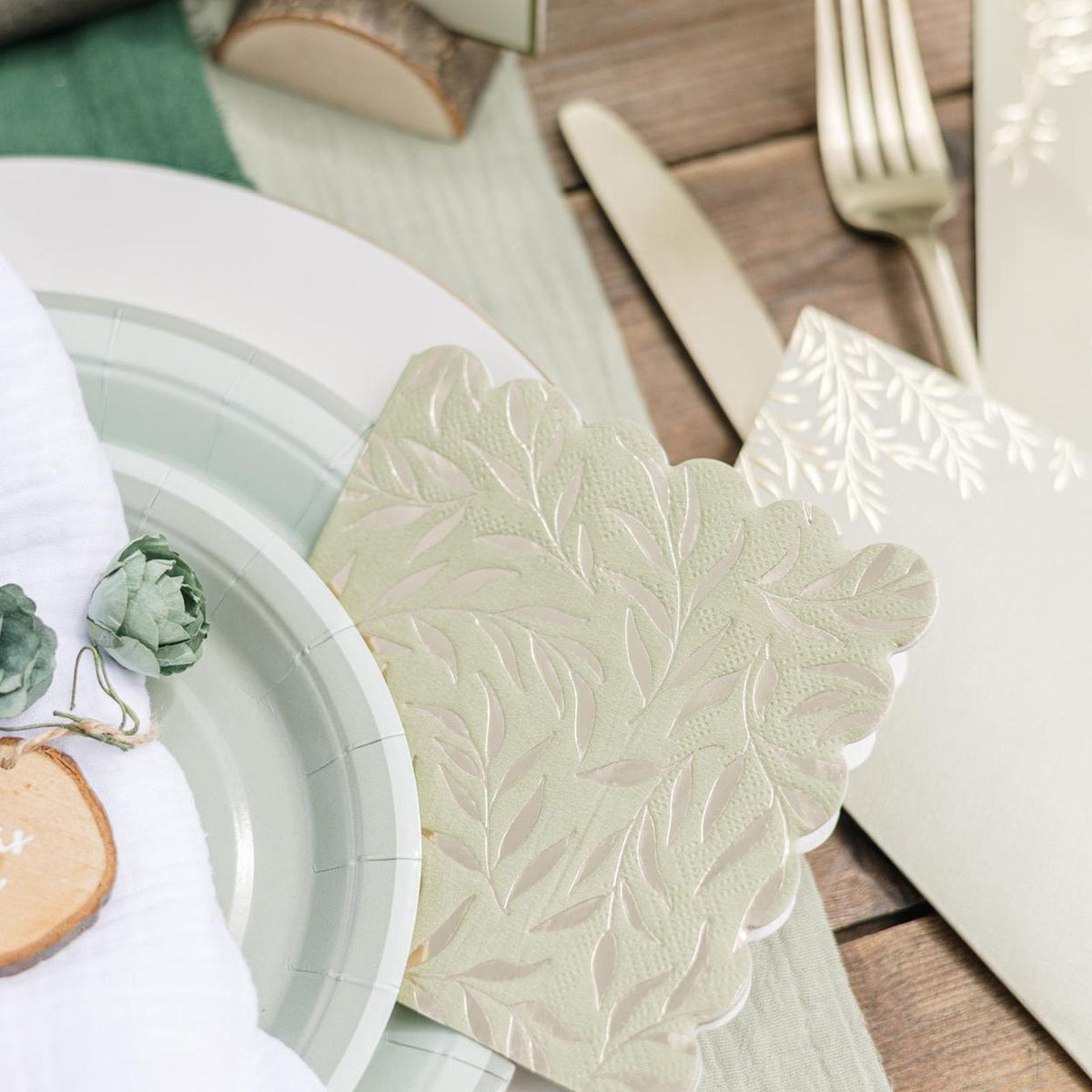 Sage Green Gold Leaf Cocktail Napkins – Elegant Wedding Party 20 Pack