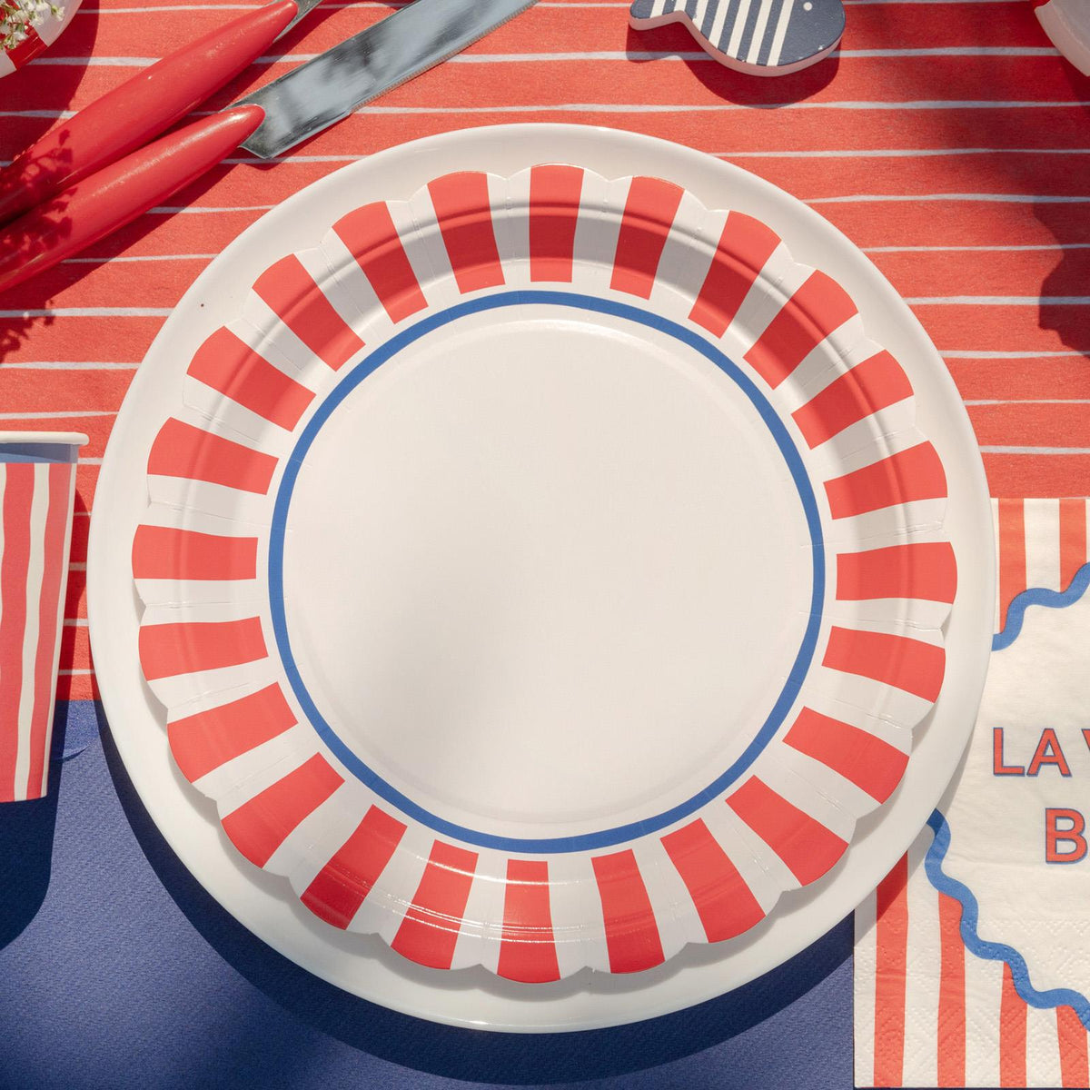 Santex Small Red Striped Paper Party Plates Disposable, Pack of 6