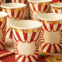 Vintage Circus Paper Cups for Birthday Parties – Red & White 255 ml Paper Drink Cups, Pack of 8