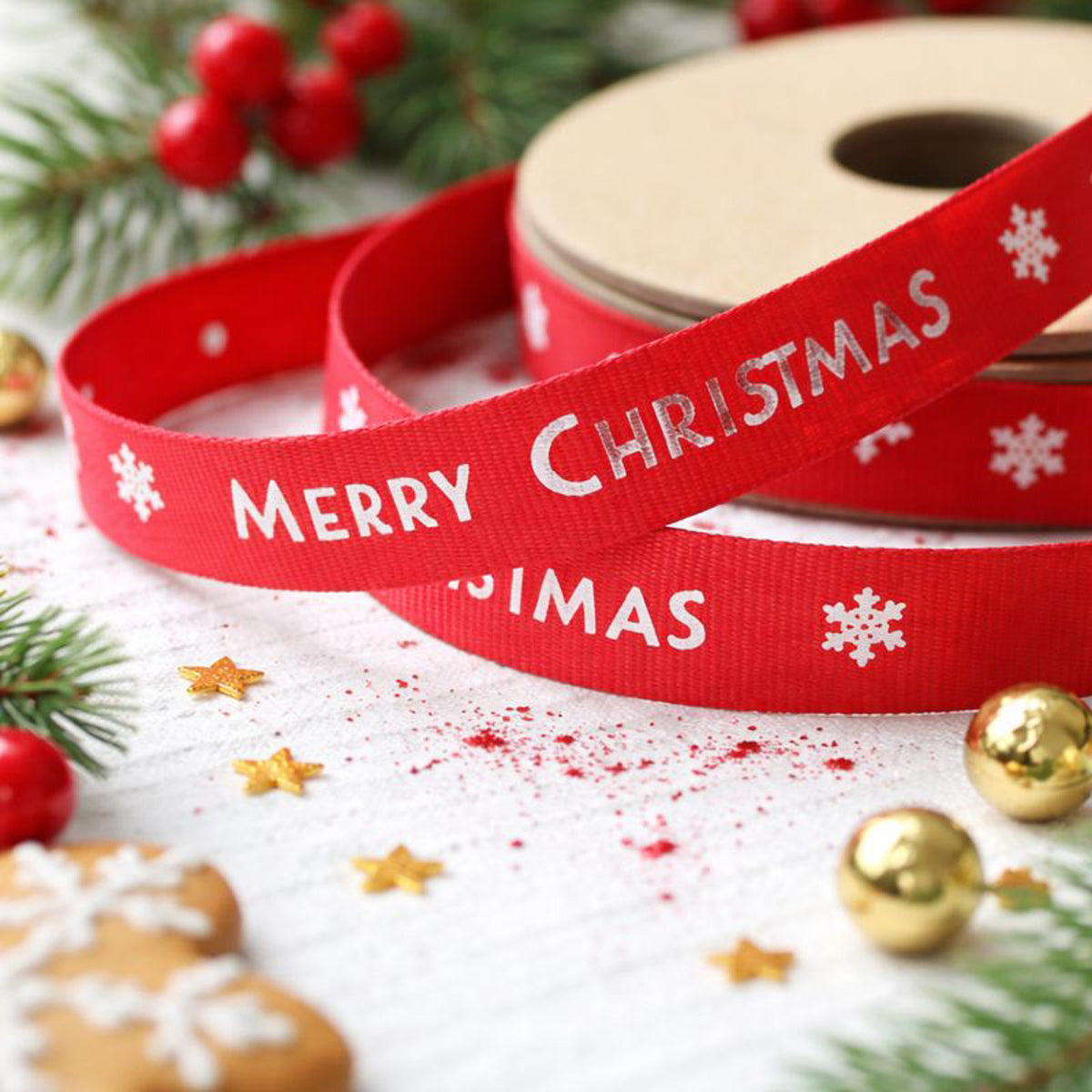 East of India Merry Christmas Ribbon 3m Red and White Snowflake