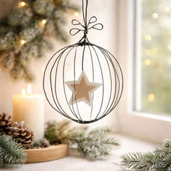 East of India Rustic Wire Hanging Christmas Bauble with Wooden Star