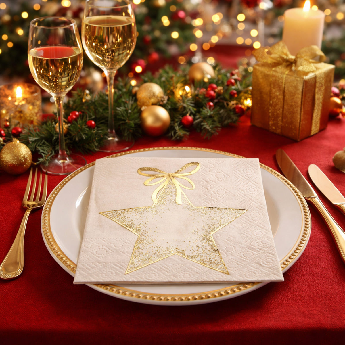Ivory Small Sparkling Star Napkins for Elegant Table Settings - Pack of 20 Disposable 3-Fold Paper